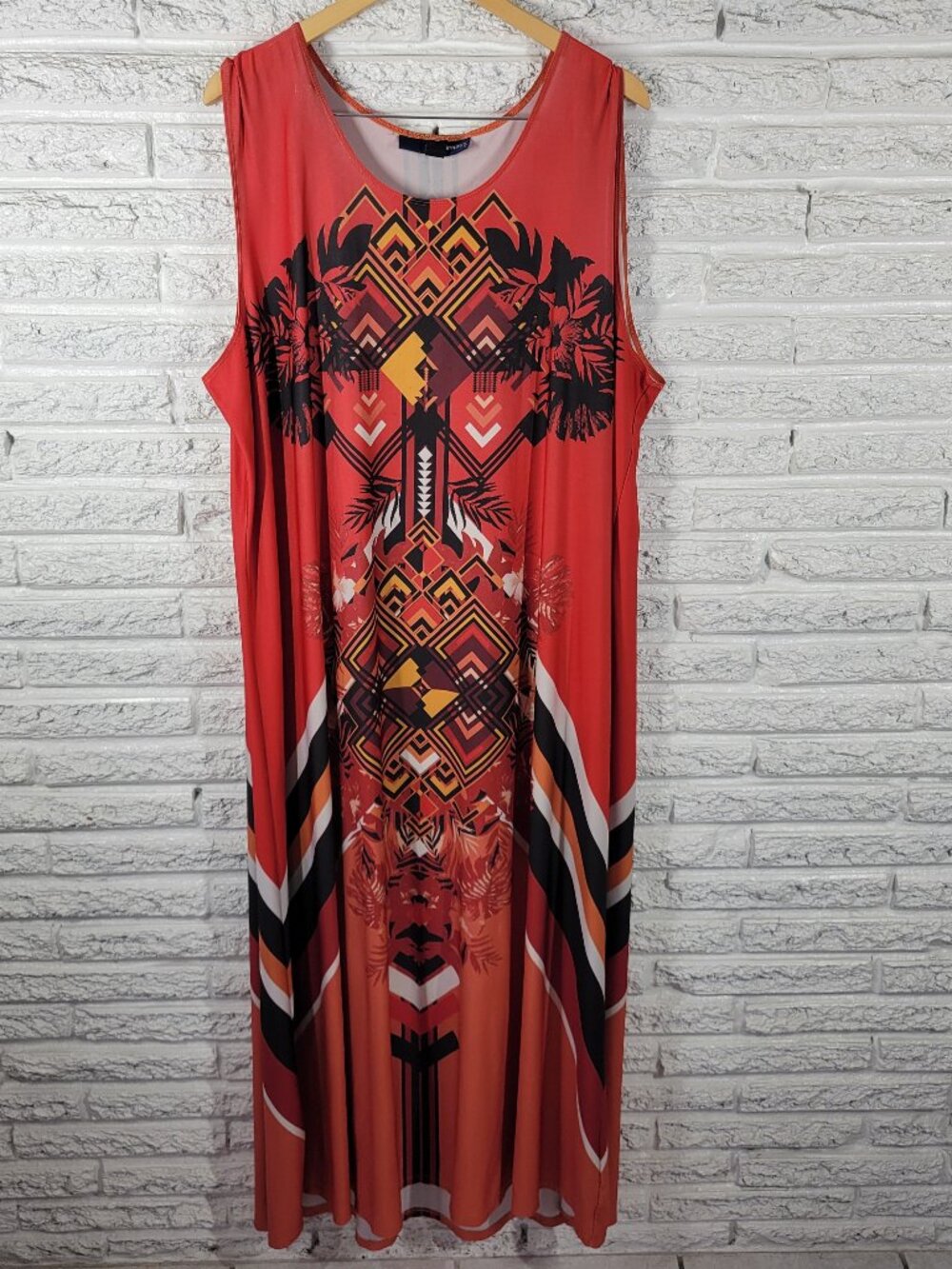 Denim 24/7 Women 1X Dress Red Orange Geometric Sleeveless Midi Stretch GEO257E